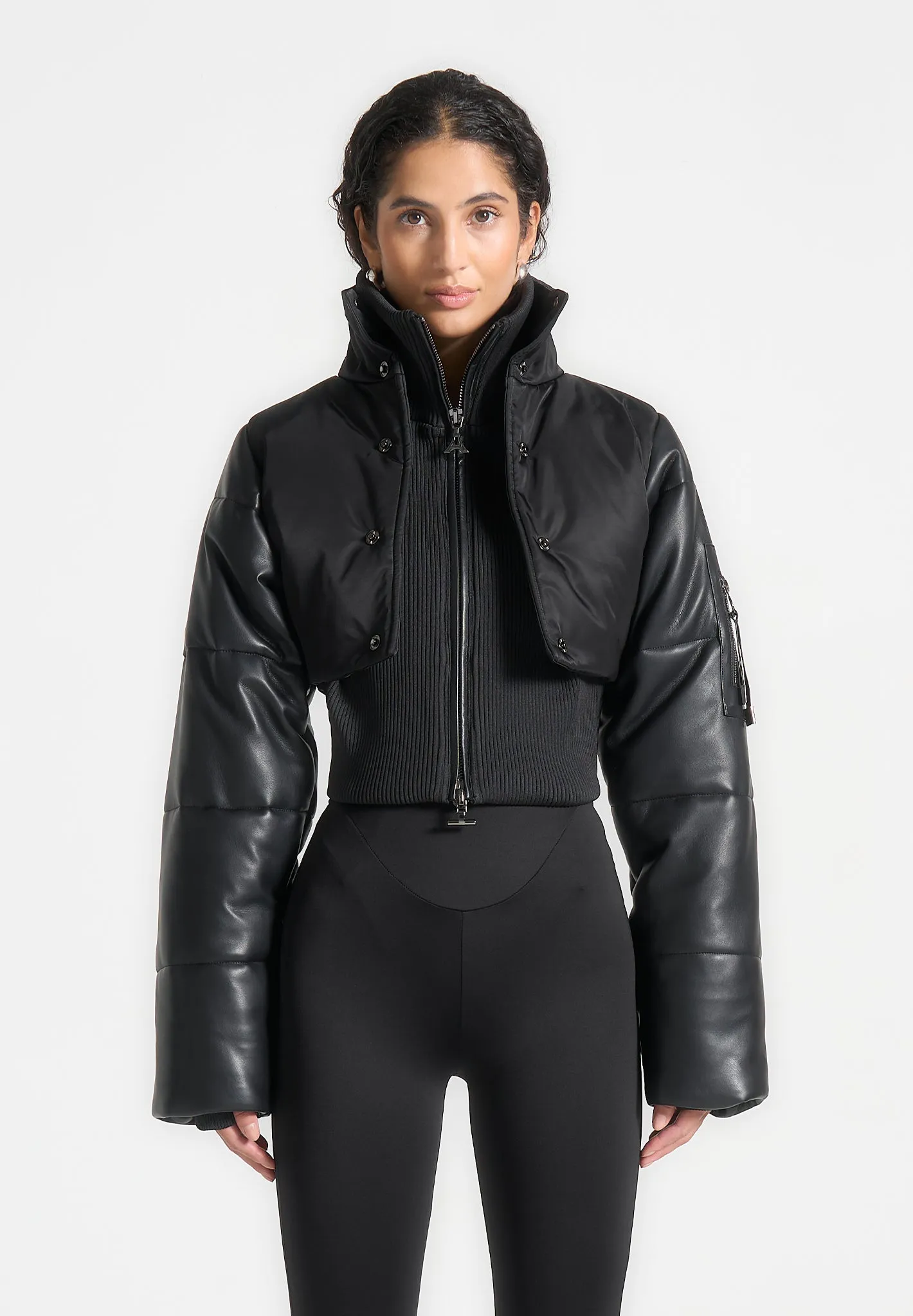 Leather and Nylon Layered Puffer Jacket - Black