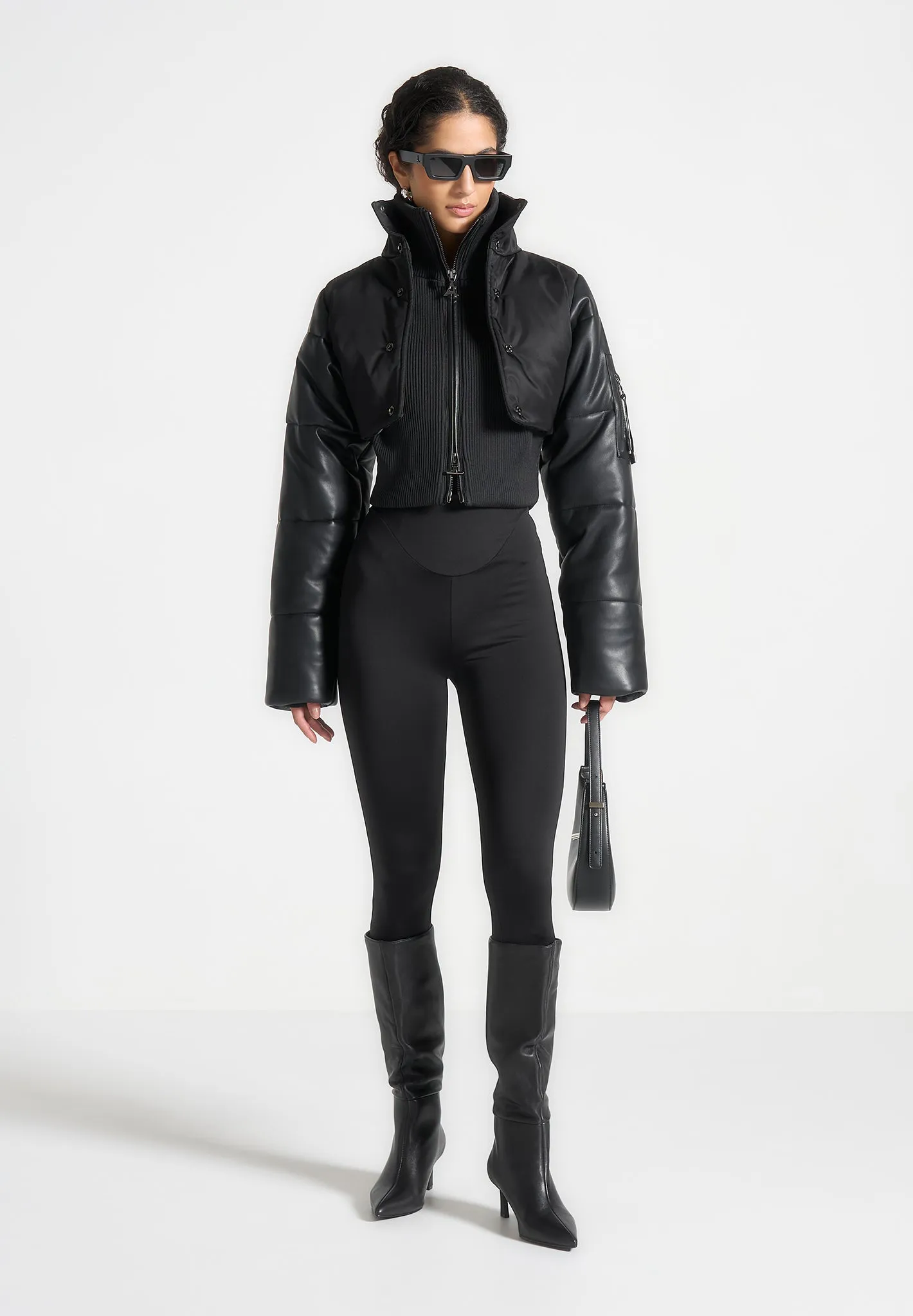 Leather and Nylon Layered Puffer Jacket - Black