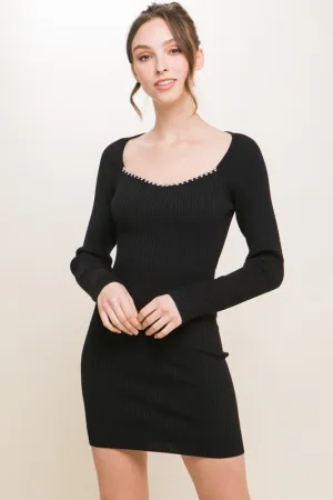 Long Sleeve Knit Dress with Rhinestone Detail