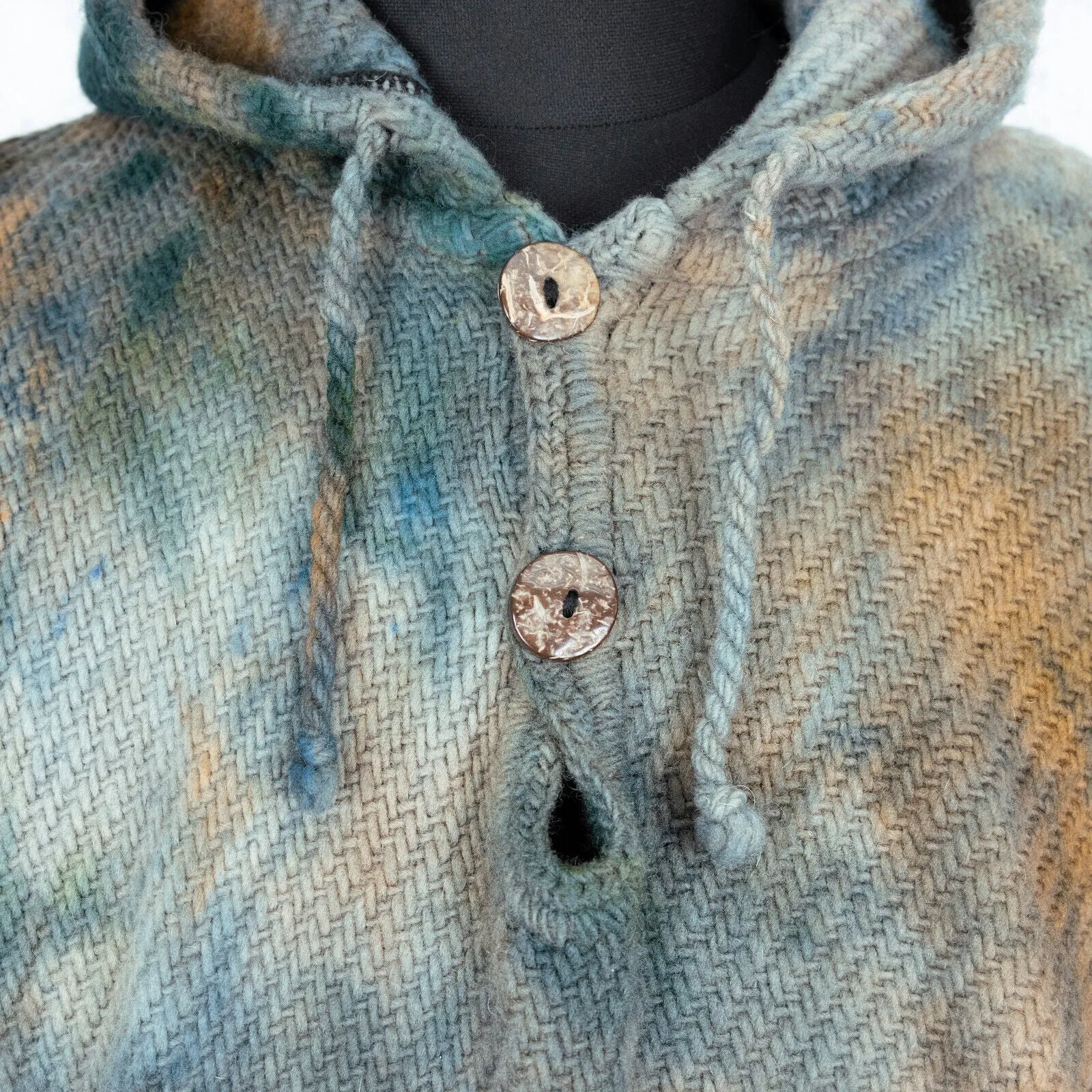 Lubushcu - Llama Wool Unisex South American Handwoven Hooded Poncho - smoke camo abstract pattern