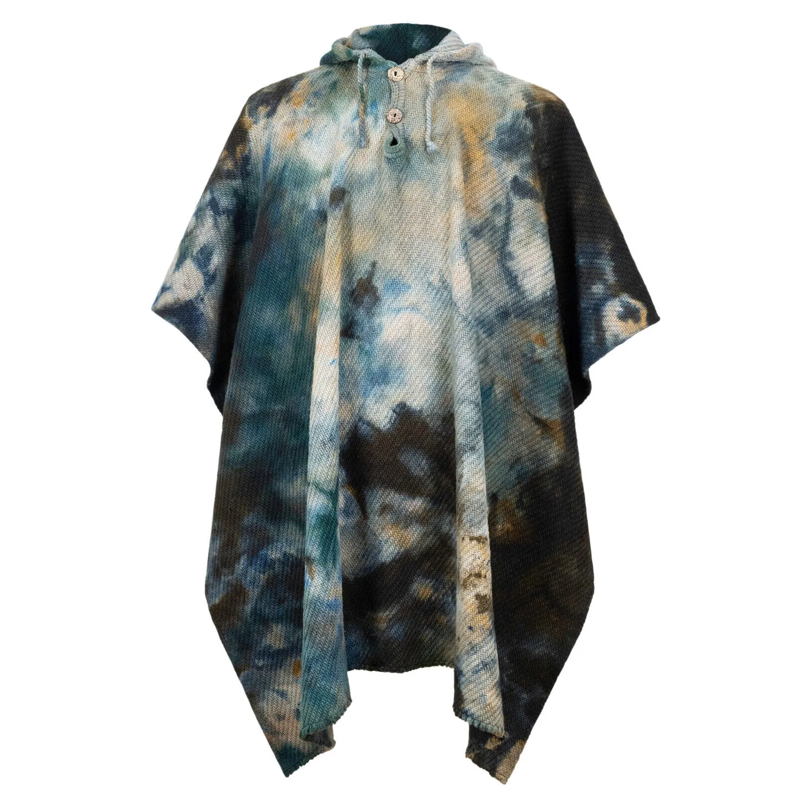 Lubushcu - Llama Wool Unisex South American Handwoven Hooded Poncho - smoke camo abstract pattern