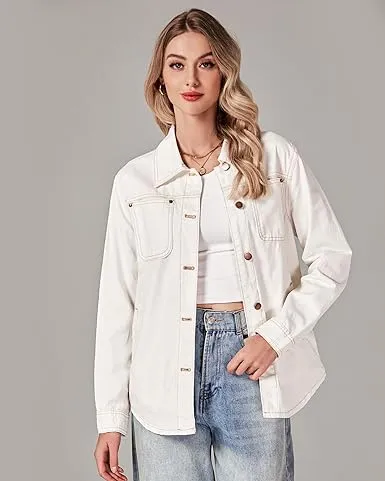 LUVAMIA Denim Jackets for Women Trendy Long Sleeve Button Down Shirt Jacket with Pocket