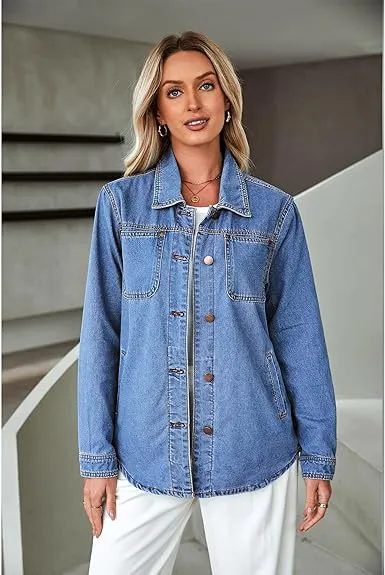 LUVAMIA Denim Jackets for Women Trendy Long Sleeve Button Down Shirt Jacket with Pocket