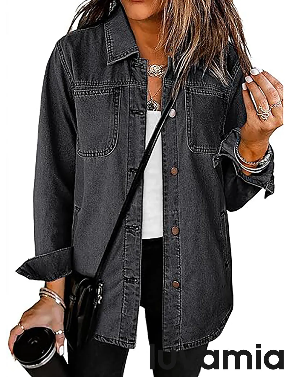 LUVAMIA Denim Jackets for Women Trendy Long Sleeve Button Down Shirt Jacket with Pocket