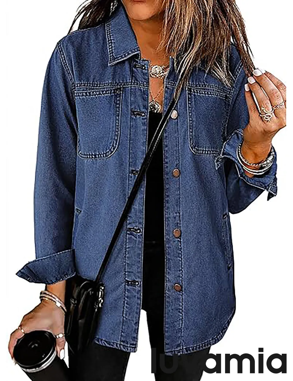 LUVAMIA Denim Jackets for Women Trendy Long Sleeve Button Down Shirt Jacket with Pocket