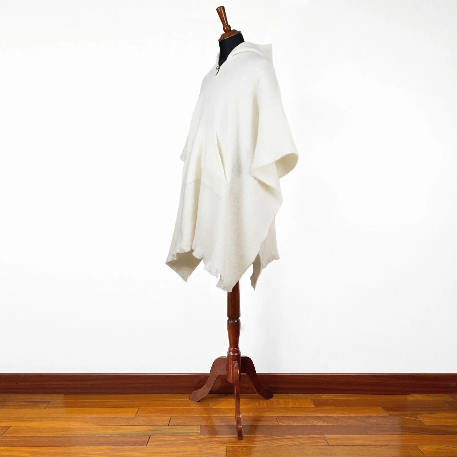 Machangara - Llama Wool Unisex South American Handwoven Hooded Poncho - solid white pattern - pocket