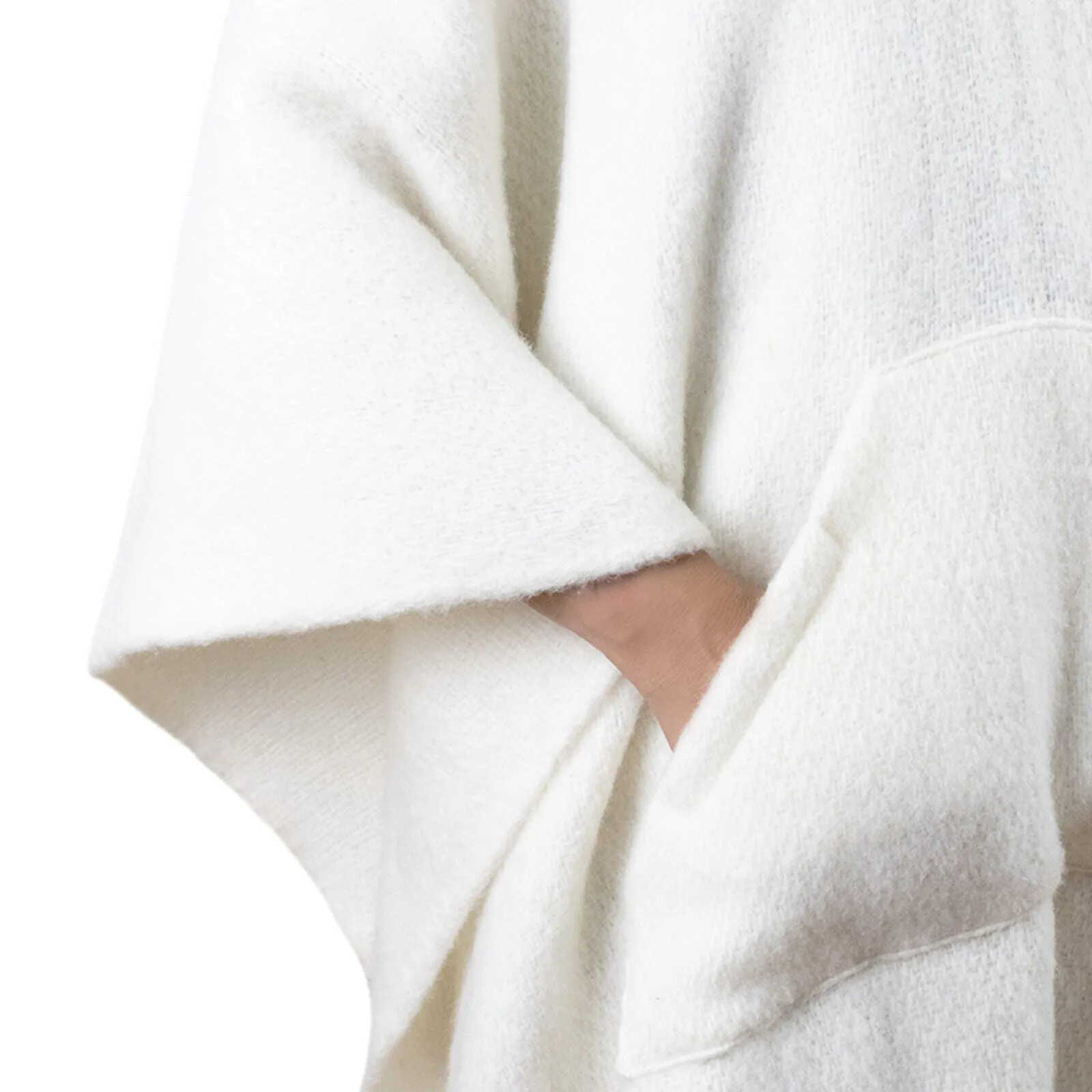 Machangara - Llama Wool Unisex South American Handwoven Hooded Poncho - solid white pattern - pocket