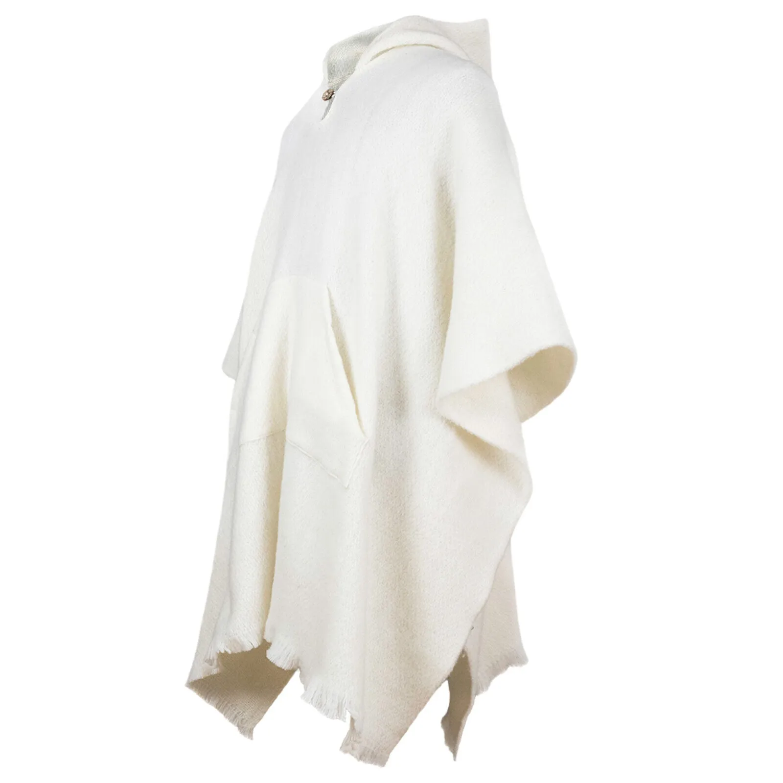 Machangara - Llama Wool Unisex South American Handwoven Hooded Poncho - solid white pattern - pocket