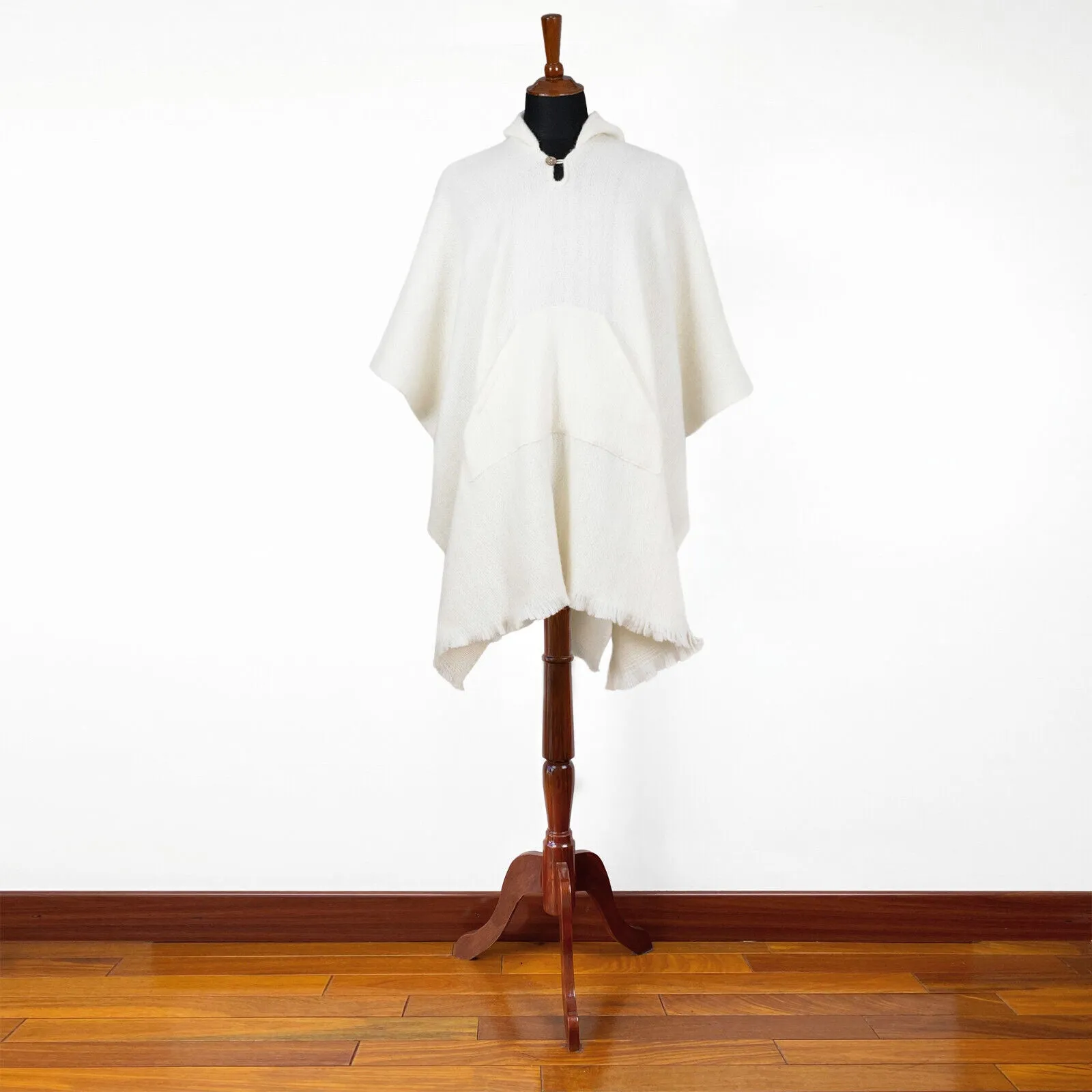 Machangara - Llama Wool Unisex South American Handwoven Hooded Poncho - solid white pattern - pocket