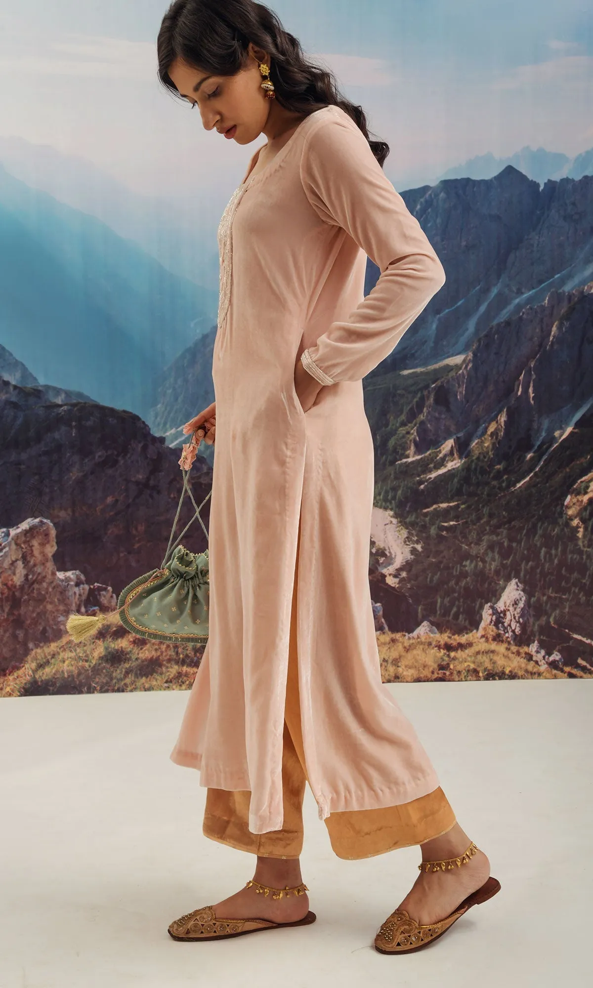 Makhmalee Soft Pink silk Velvet kurta with palazzo and shawl RTS