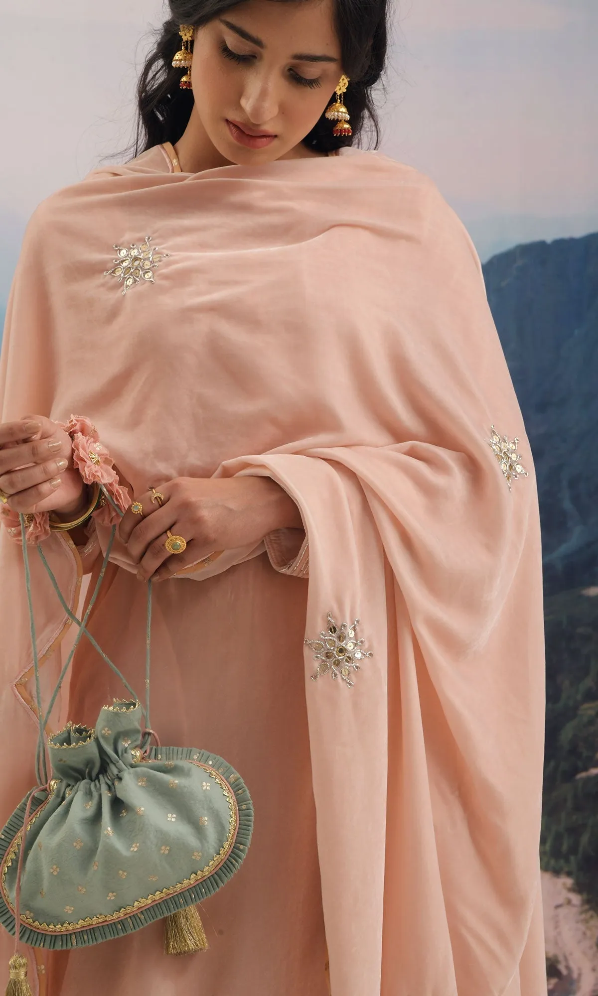 Makhmalee Soft Pink silk Velvet kurta with palazzo and shawl RTS