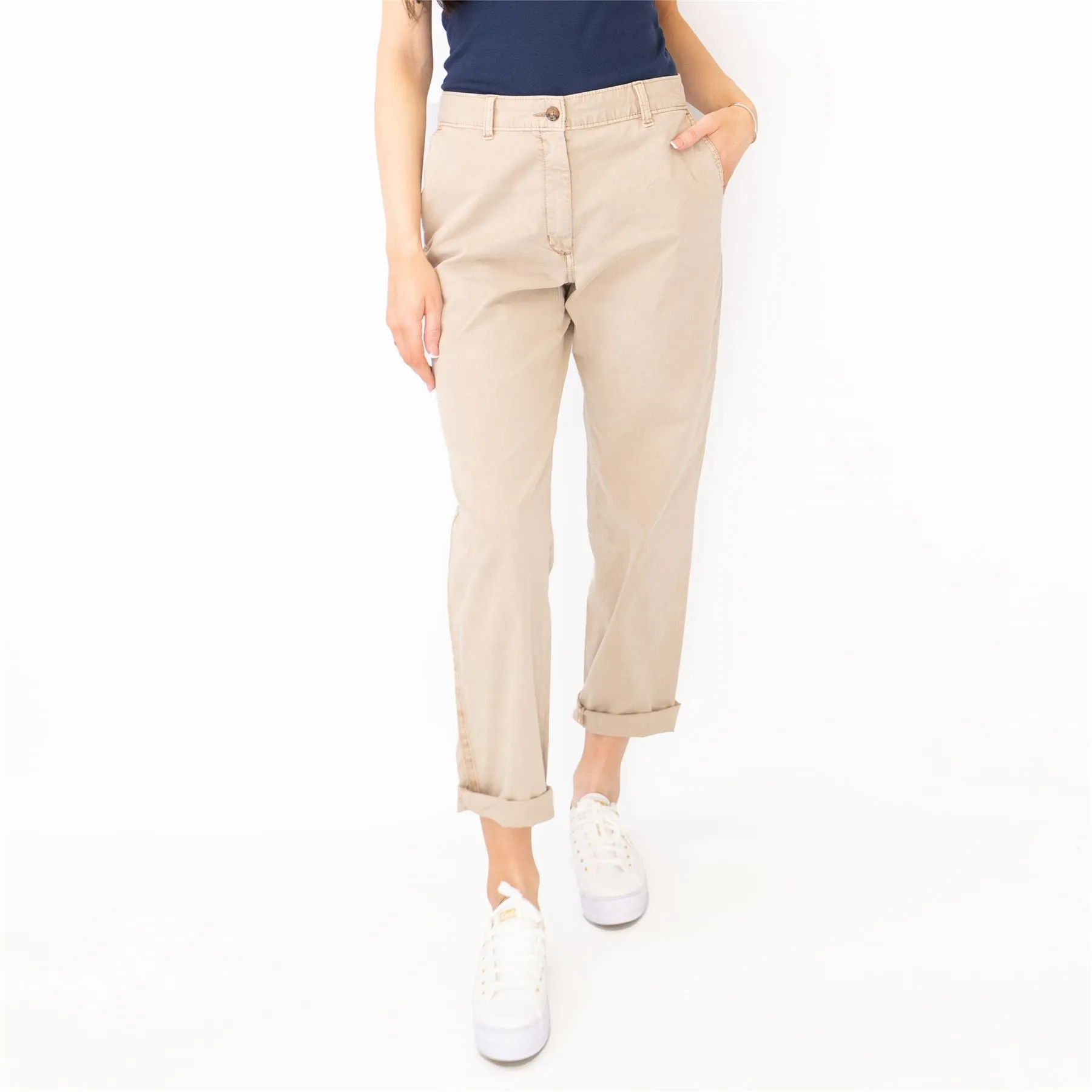 M&S Cotton Rich Tapered Leg Ankle Grazer Beige Stretch Cotton Chino Trousers