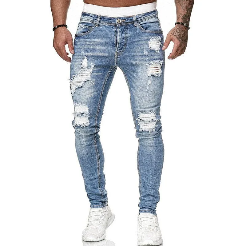 Men Slant Pocket Zipper Ripped Skinny Jeans