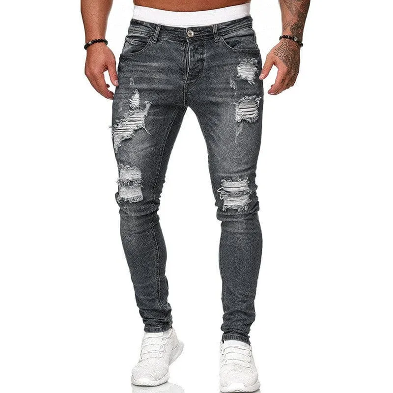 Men Slant Pocket Zipper Ripped Skinny Jeans