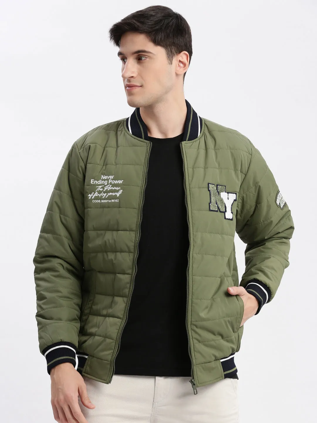 Men Typography Mandarin Collar Olive Puffer Jacket