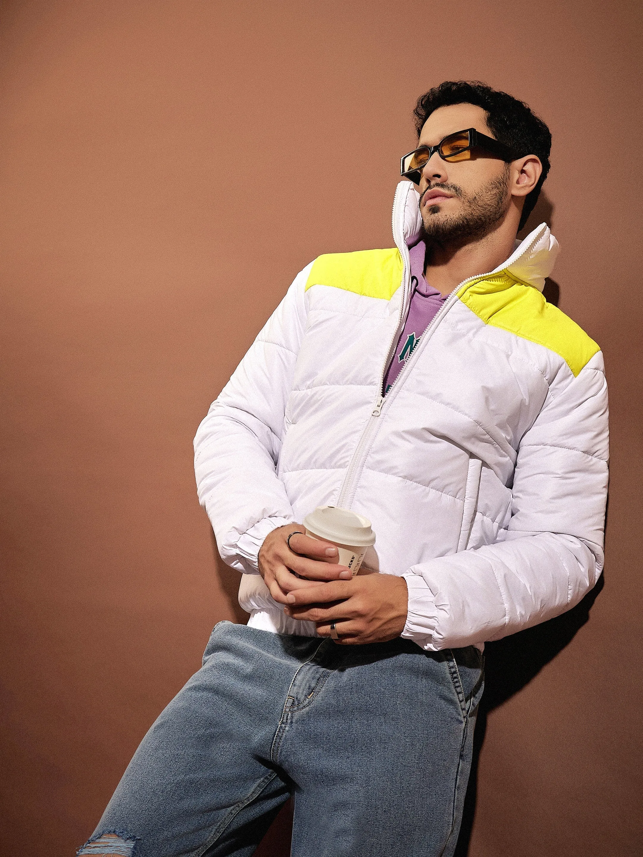 Men White & Yellow ColorBlock Puffer Jacket