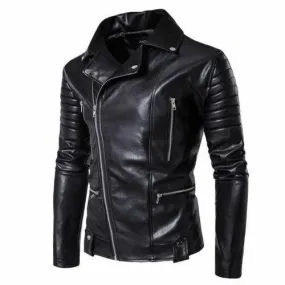 Men's Elite Vintage Slimfit Brando Quilted Padded Sleeves Biker Motorcycle Black Leather Jacket