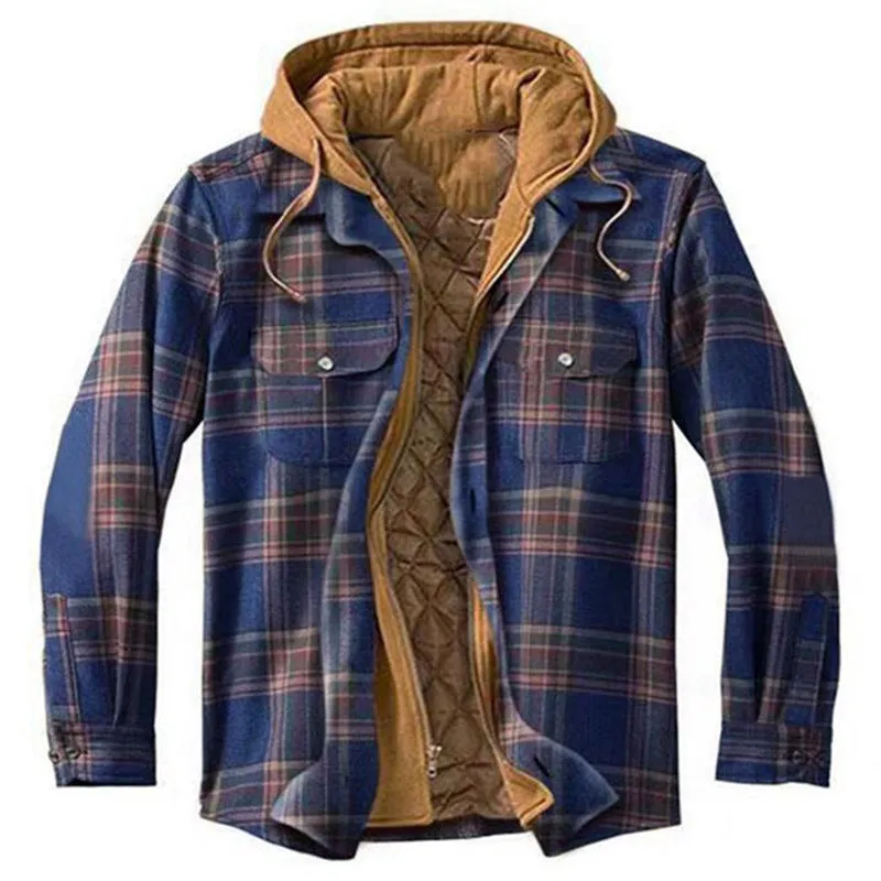 Men's Jacket Plaid Flannel Hoodie Thicken Coat Plus Size Jacket