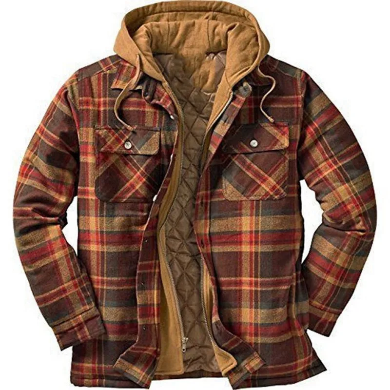 Men's Jacket Plaid Flannel Hoodie Thicken Coat Plus Size Jacket