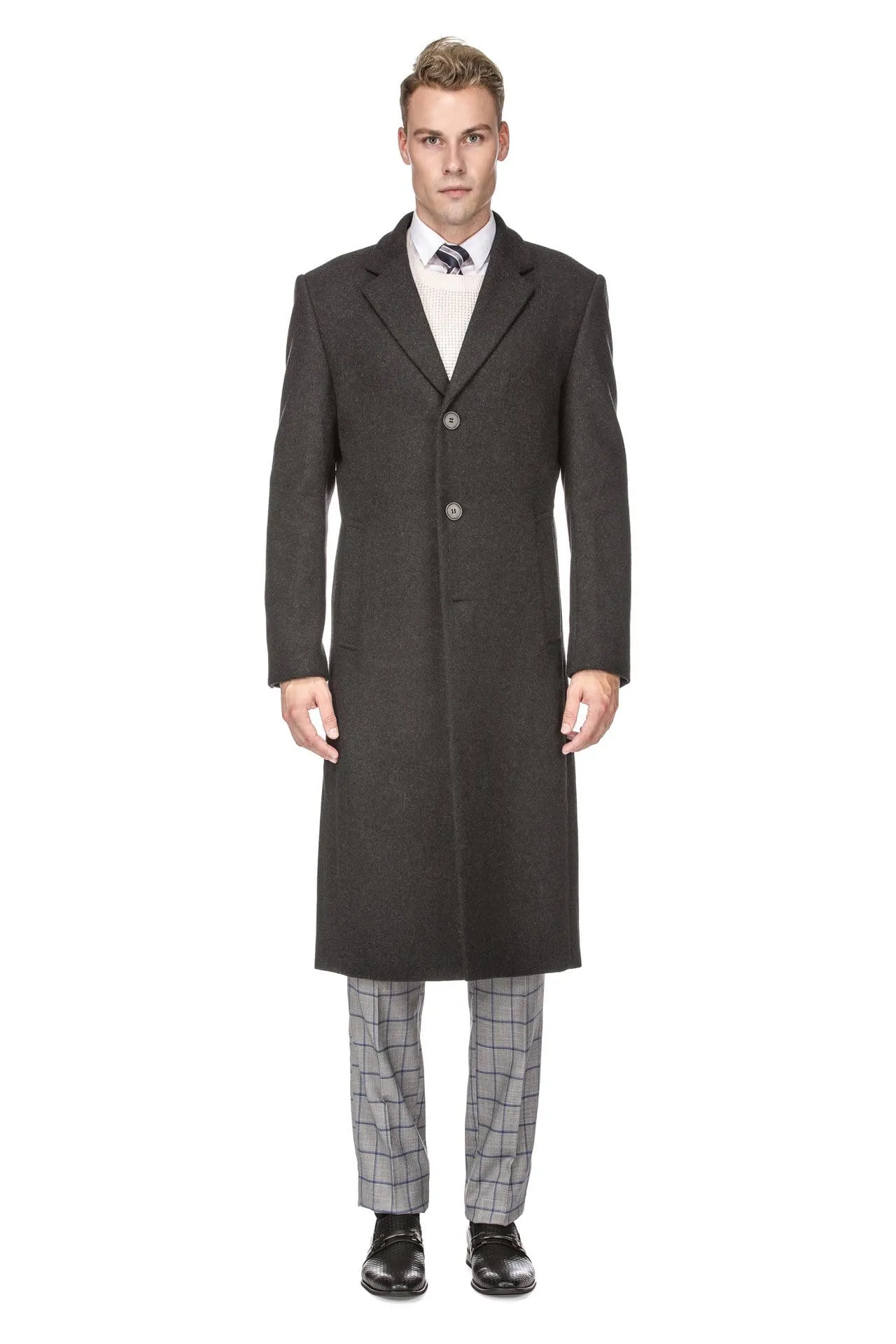 Men's Knee Length Wool Blend Three Button Long Jacket Overcoat Top Coat