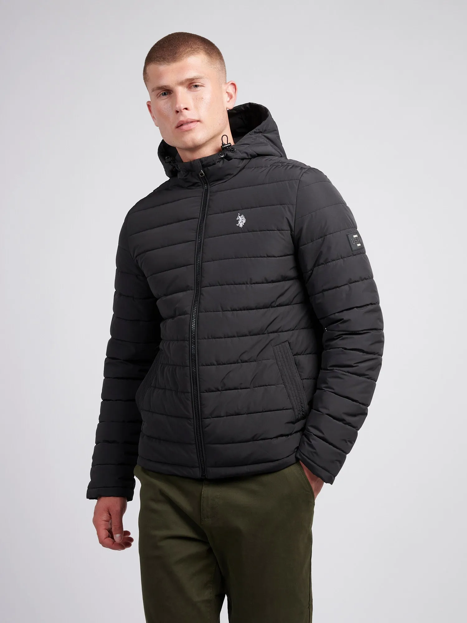 Mens Lightweight Quilt Hooded Puffer Jacket in Black