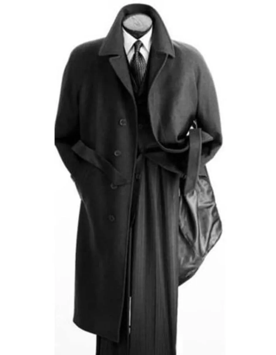 Mens Overcoat - Topcoat For Men - Winter Fabric - Mens Charcoal Grey Belted Full Length Wool Overcoat