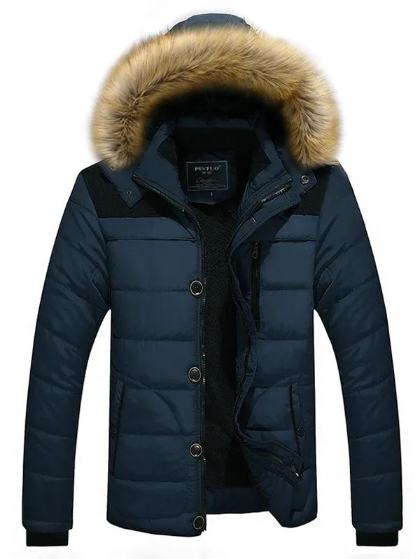 Men's Panel Parka Faux Fur Hoodie  Coat Warm Outwear