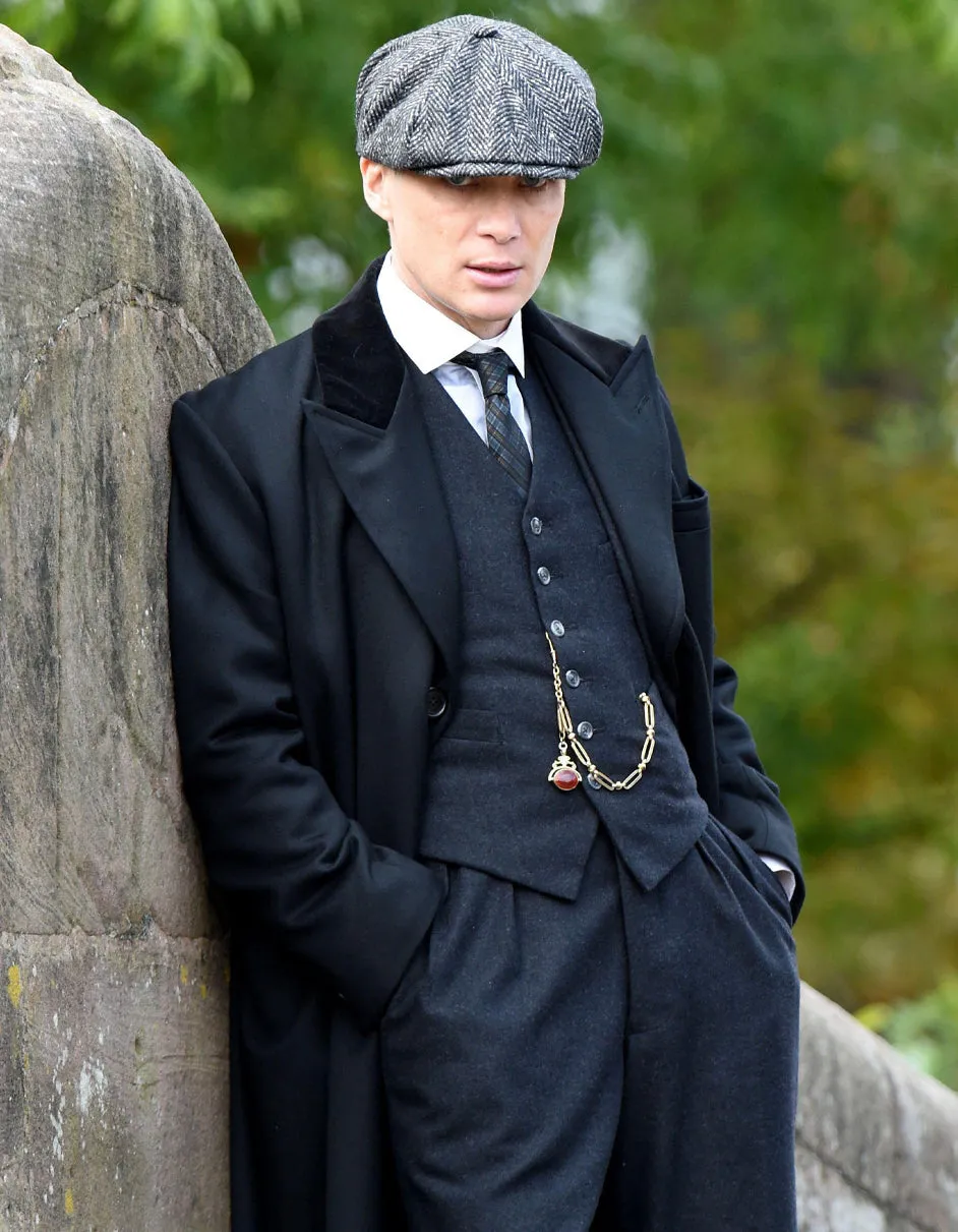 Mens Peaky Blinders Costume Thomas Shelby Black Suit Overcoat & Hat