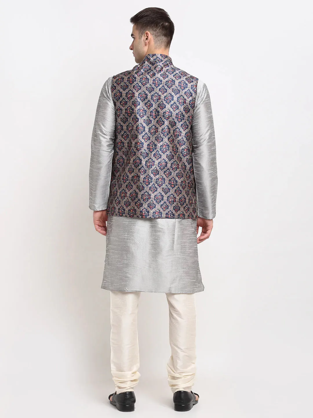 Men'S Silver Dupion Silk Kurta With Churidar & Nehru Jacket