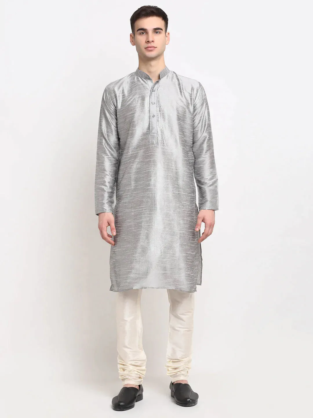 Men'S Silver Dupion Silk Kurta With Churidar & Nehru Jacket