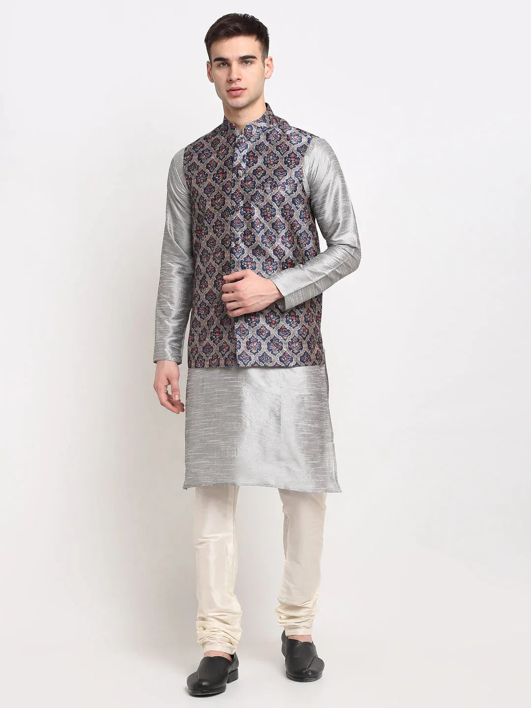 Men'S Silver Dupion Silk Kurta With Churidar & Nehru Jacket