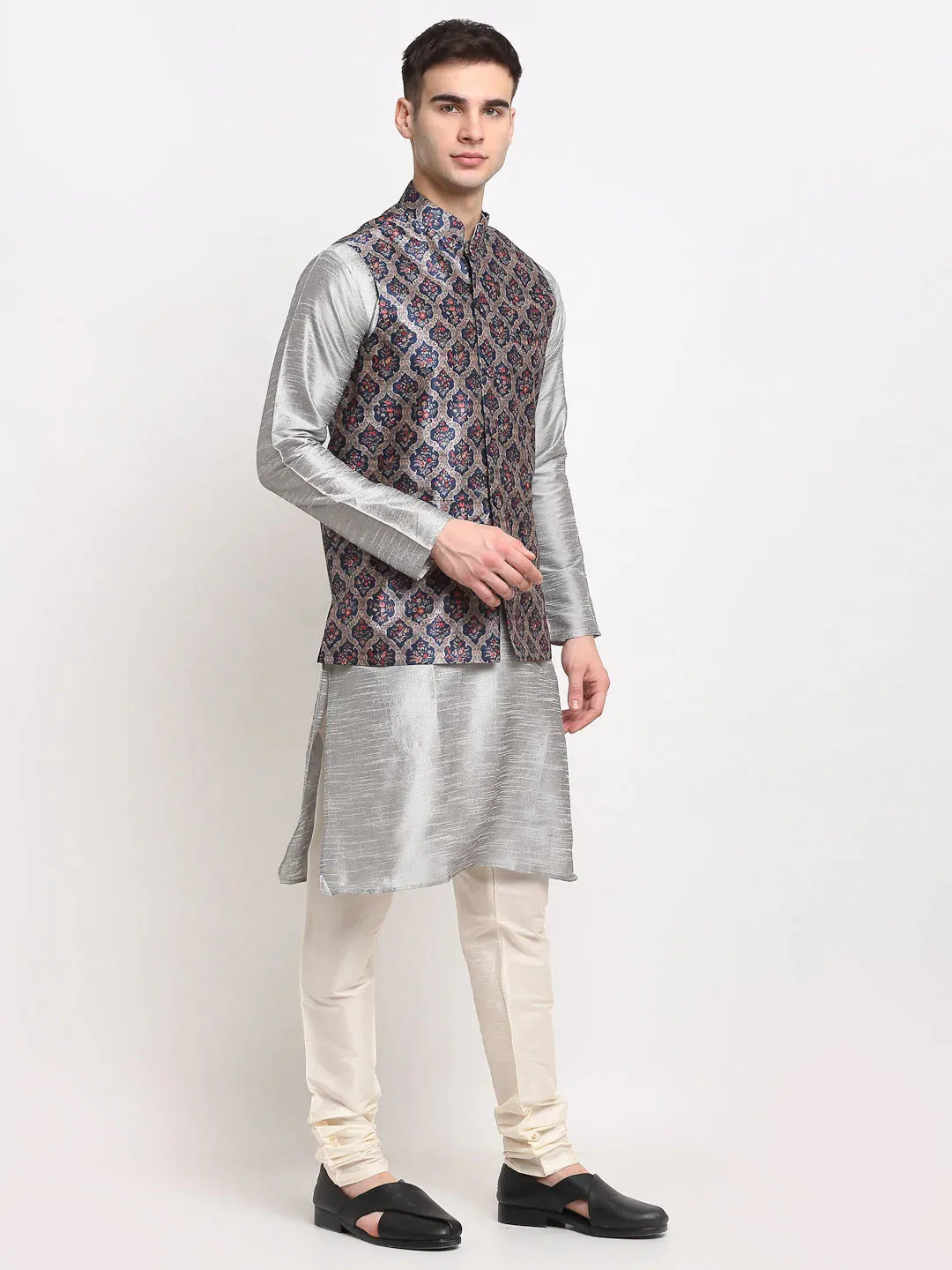 Men'S Silver Dupion Silk Kurta With Churidar & Nehru Jacket