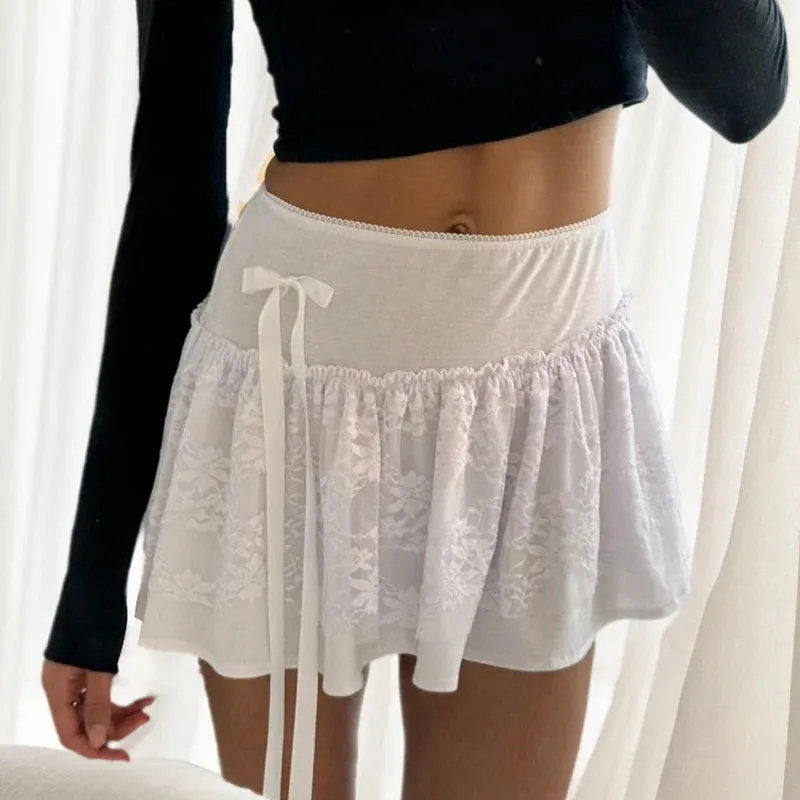 Metaversmall Korean Fashion White A-Line Mini Skirt Lace Patchwork Sweet Bow Asymmetrical Summer Skirts Women Ruched Preppy Girls