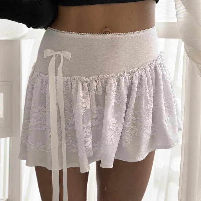 Metaversmall Korean Fashion White A-Line Mini Skirt Lace Patchwork Sweet Bow Asymmetrical Summer Skirts Women Ruched Preppy Girls