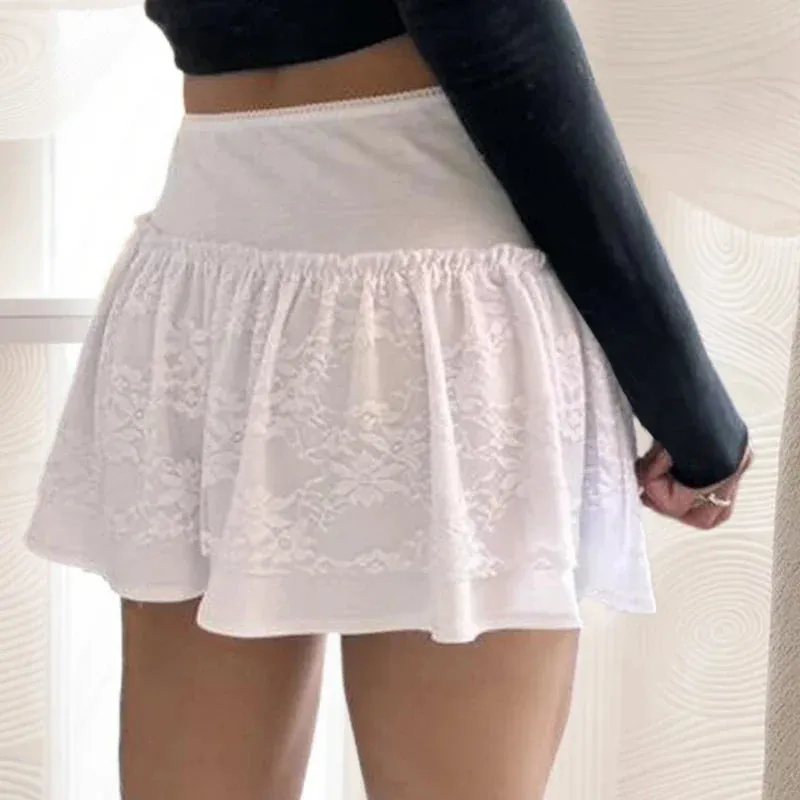 Metaversmall Korean Fashion White A-Line Mini Skirt Lace Patchwork Sweet Bow Asymmetrical Summer Skirts Women Ruched Preppy Girls