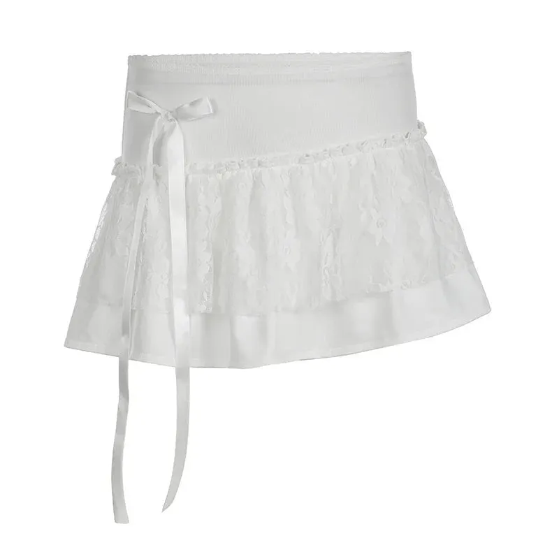 Metaversmall Korean Fashion White A-Line Mini Skirt Lace Patchwork Sweet Bow Asymmetrical Summer Skirts Women Ruched Preppy Girls