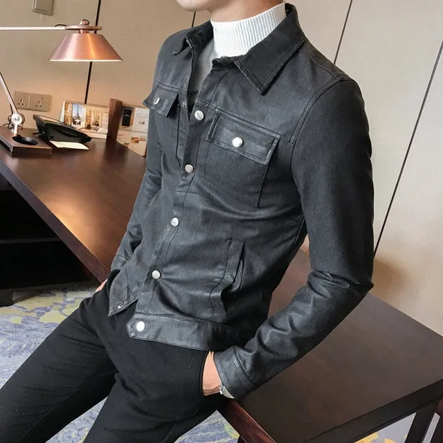 Modern Casual Slim Fit Single Breasted Style Men Faux Leather Jacket