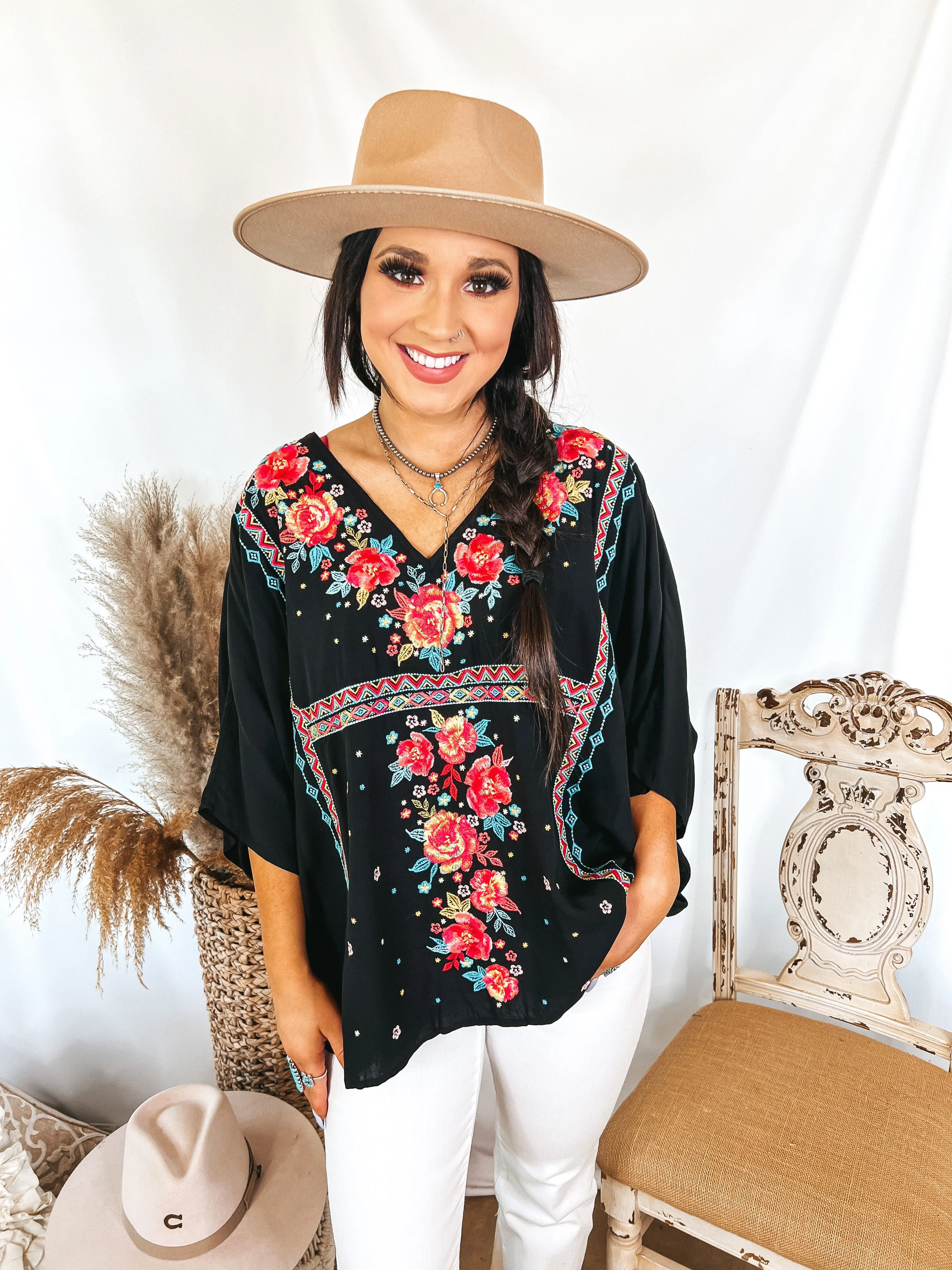 More To The Story Floral Embroidered Poncho Top in Black