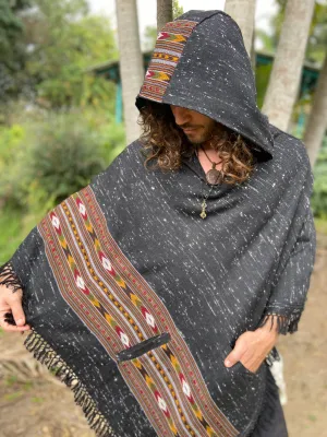 NAMA Hooded Poncho Dark Grey Black Handwoven Wool Premium Pure Cashmere Hood Zen Embroidery Boho Gypsy Festival Mexican Aztec Celtic AJJAYA