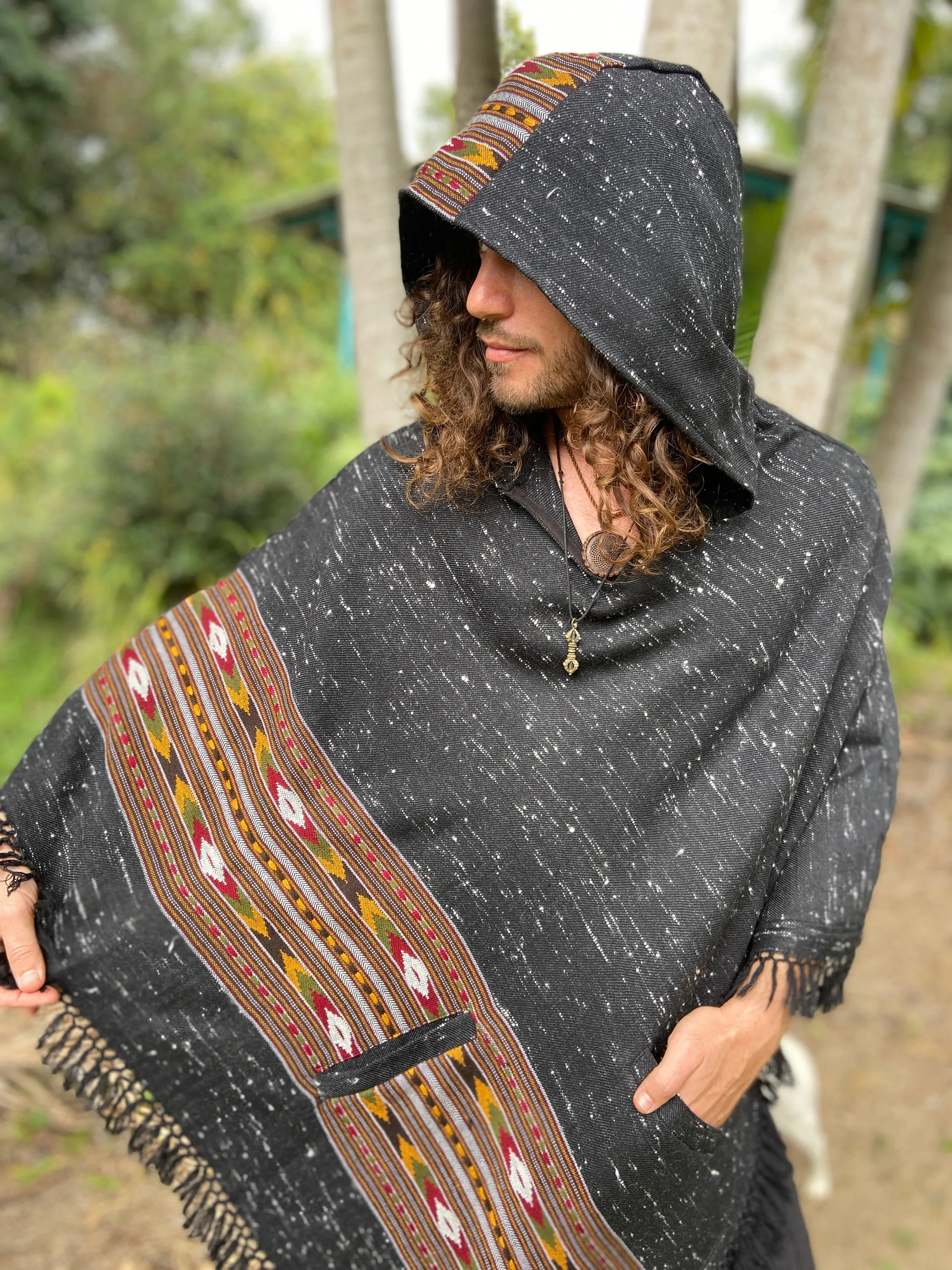 NAMA Hooded Poncho Dark Grey Black Handwoven Wool Premium Pure Cashmere Hood Zen Embroidery Boho Gypsy Festival Mexican Aztec Celtic AJJAYA