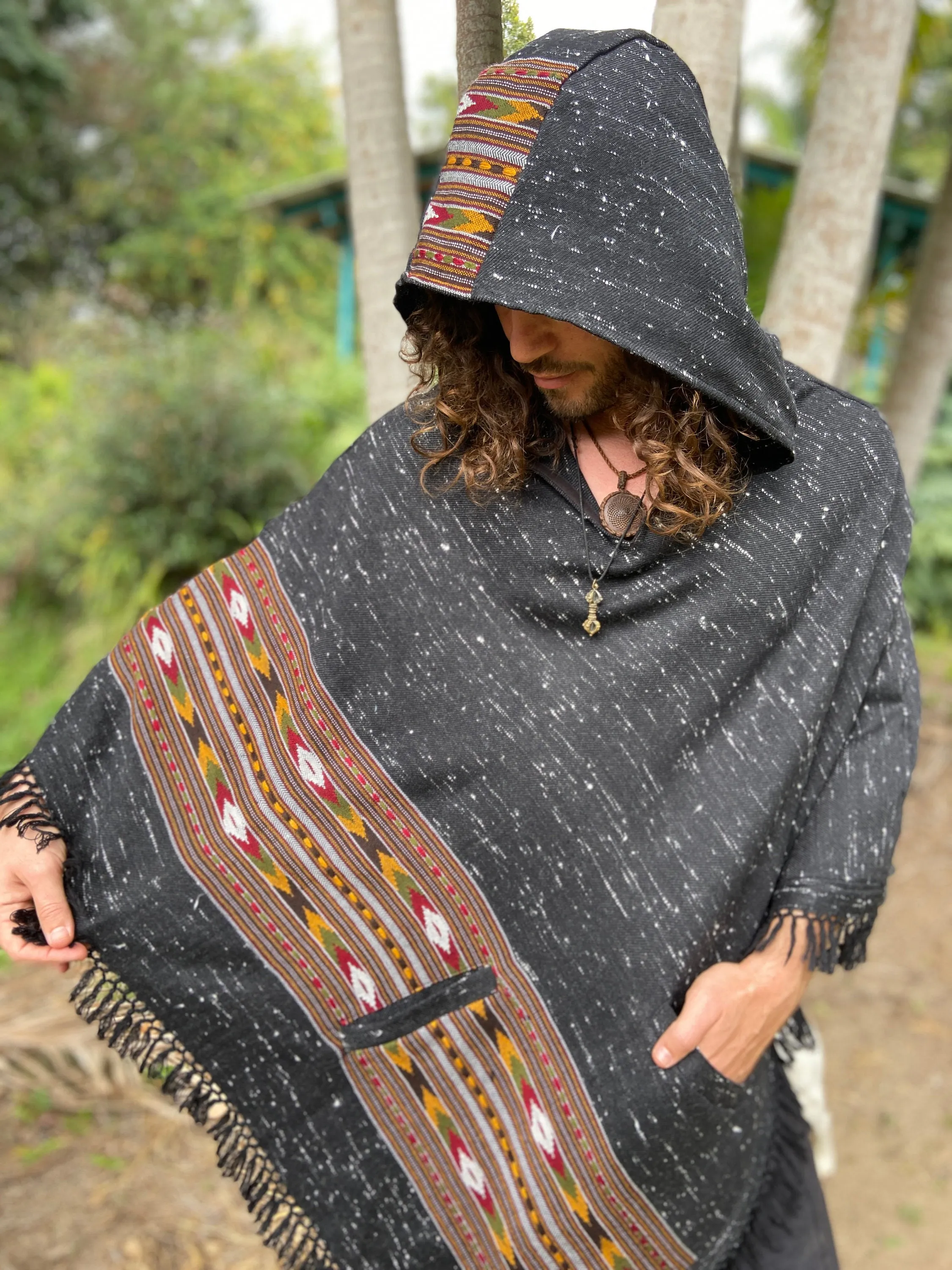 NAMA Hooded Poncho Dark Grey Black Handwoven Wool Premium Pure Cashmere Hood Zen Embroidery Boho Gypsy Festival Mexican Aztec Celtic AJJAYA