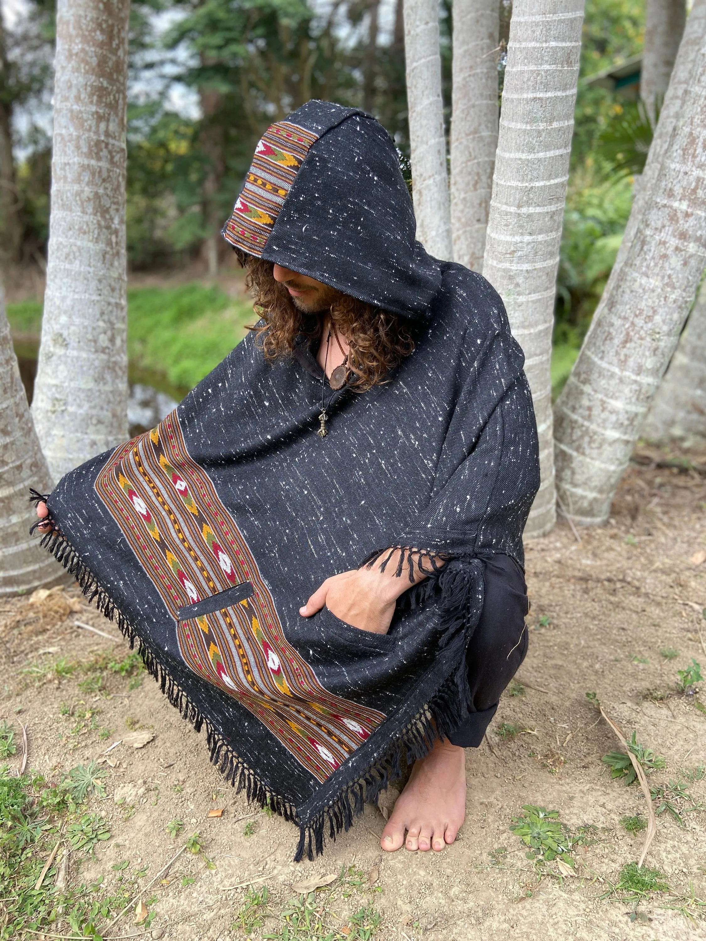 NAMA Hooded Poncho Dark Grey Black Handwoven Wool Premium Pure Cashmere Hood Zen Embroidery Boho Gypsy Festival Mexican Aztec Celtic AJJAYA