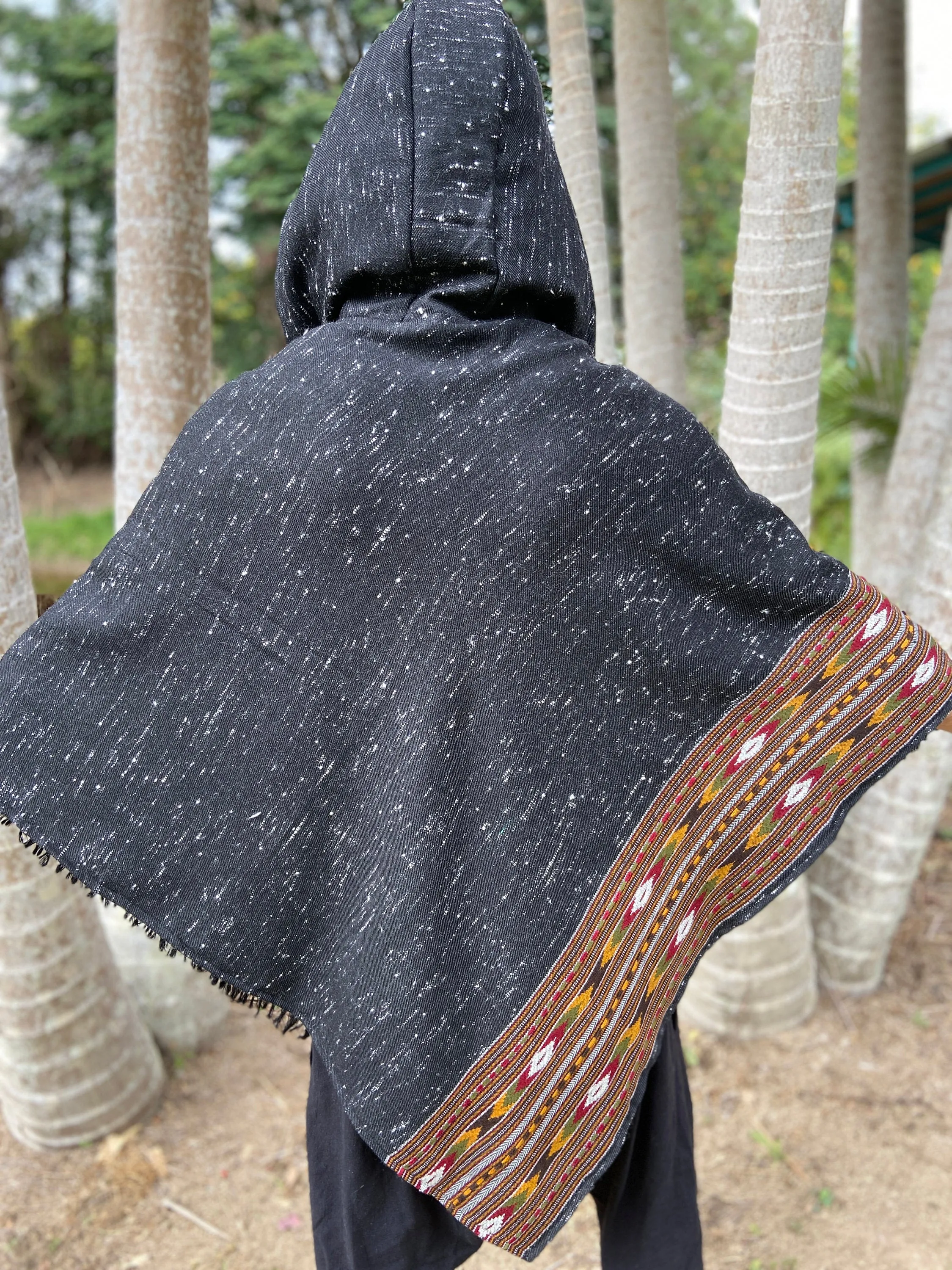 NAMA Hooded Poncho Dark Grey Black Handwoven Wool Premium Pure Cashmere Hood Zen Embroidery Boho Gypsy Festival Mexican Aztec Celtic AJJAYA