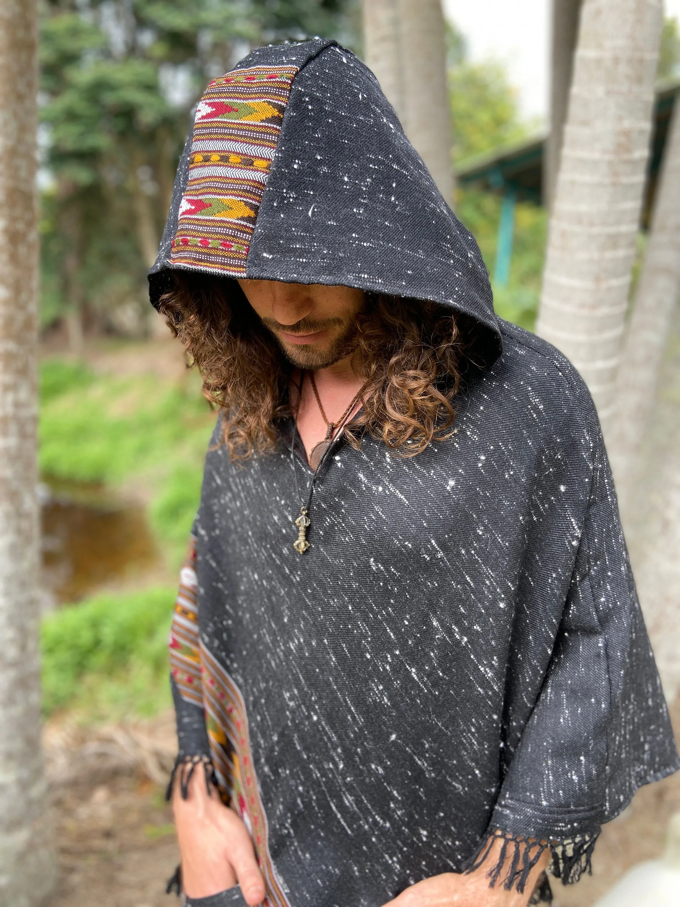 NAMA Hooded Poncho Dark Grey Black Handwoven Wool Premium Pure Cashmere Hood Zen Embroidery Boho Gypsy Festival Mexican Aztec Celtic AJJAYA