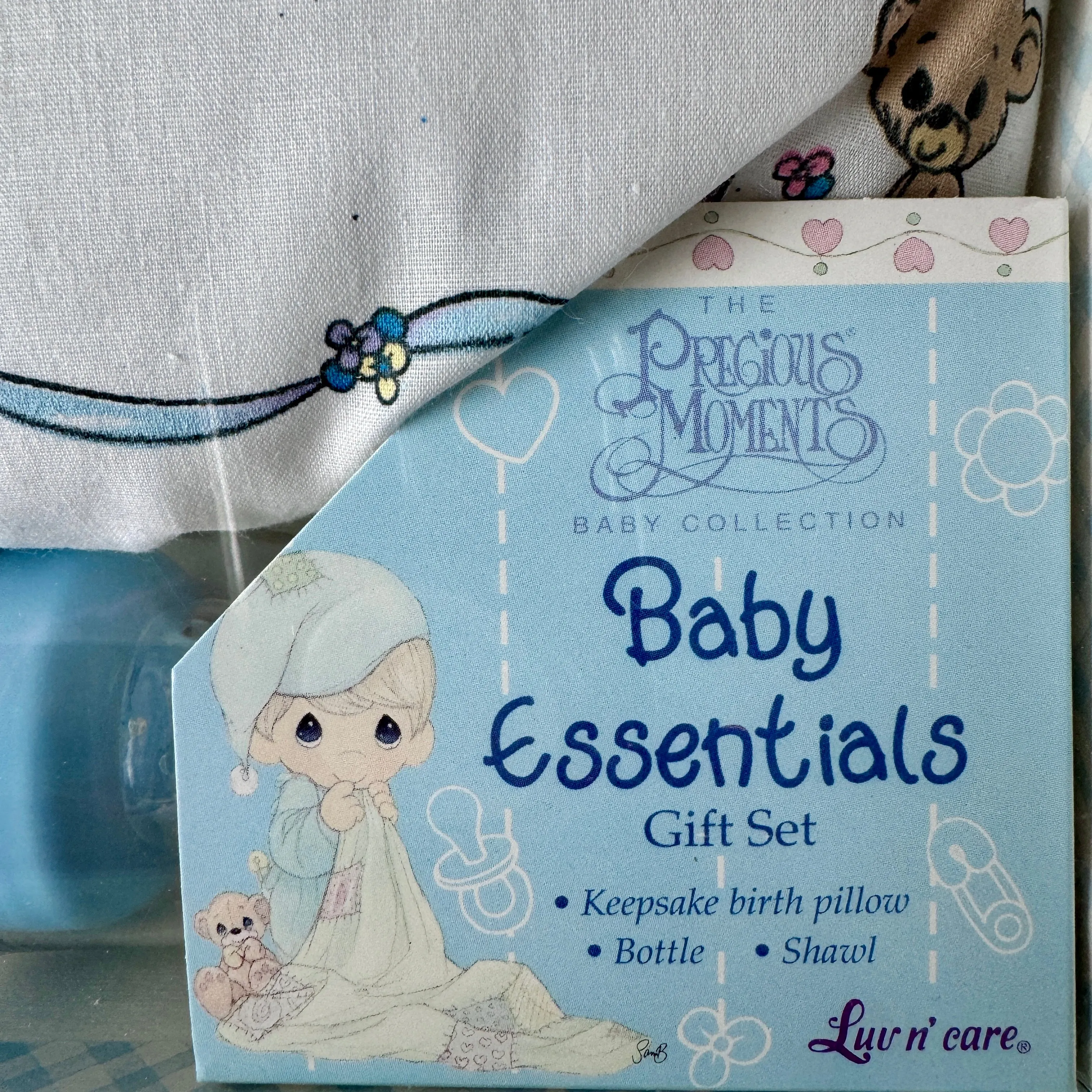 New Vintage Precious Moments Blue Baby Blanket with Boy & Bear 3-Piece Boxed Baby Shower Gift Set - Shawl, Keepsake Pillow, Baby Bottle - 2002 by Luv n'Care