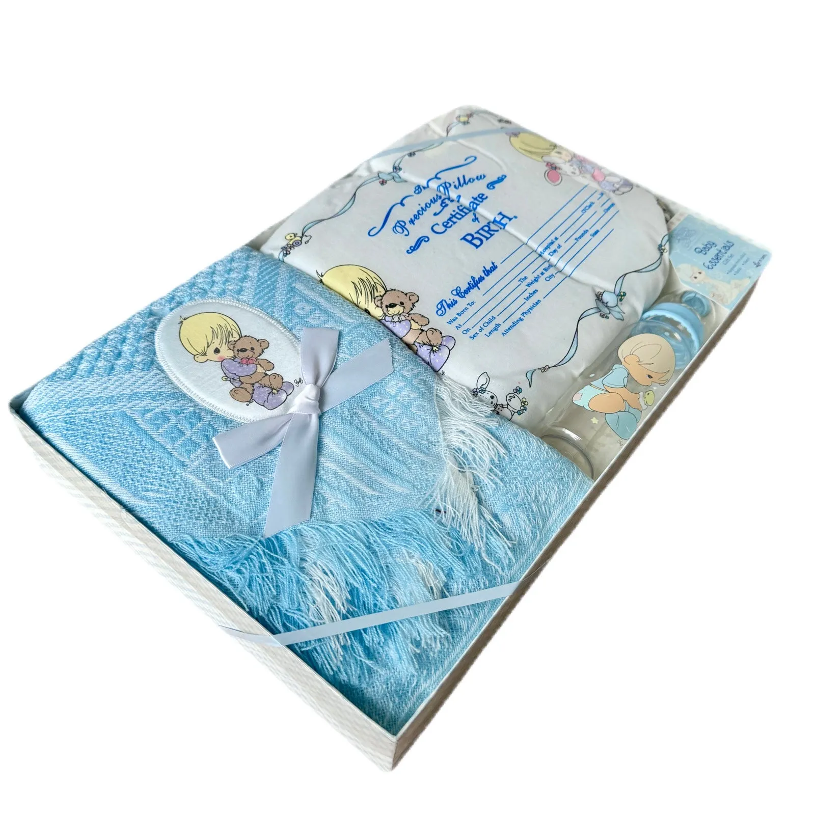 New Vintage Precious Moments Blue Baby Blanket with Boy & Bear 3-Piece Boxed Baby Shower Gift Set - Shawl, Keepsake Pillow, Baby Bottle - 2002 by Luv n'Care