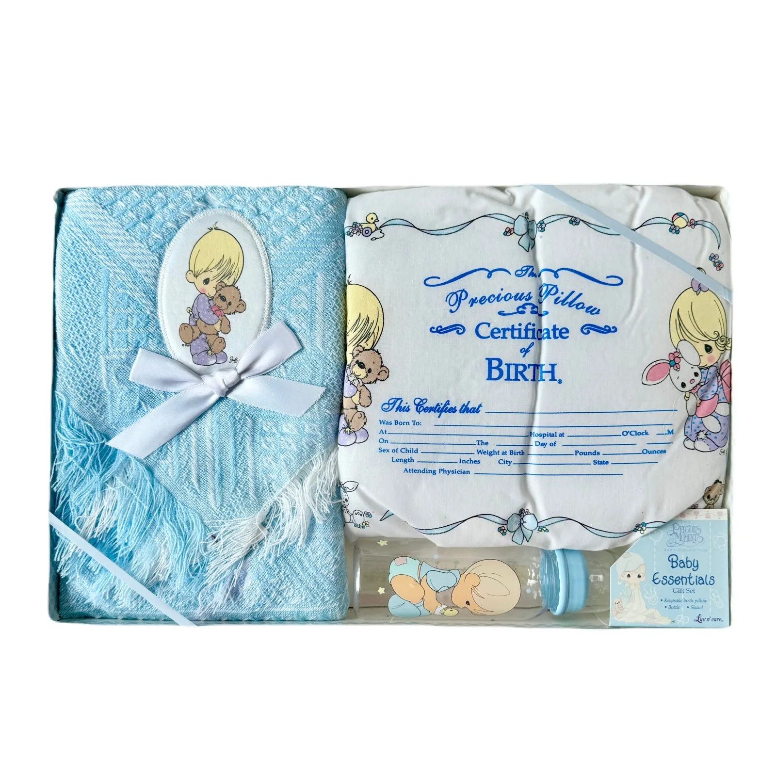 New Vintage Precious Moments Blue Baby Blanket with Boy & Bear 3-Piece Boxed Baby Shower Gift Set - Shawl, Keepsake Pillow, Baby Bottle - 2002 by Luv n'Care