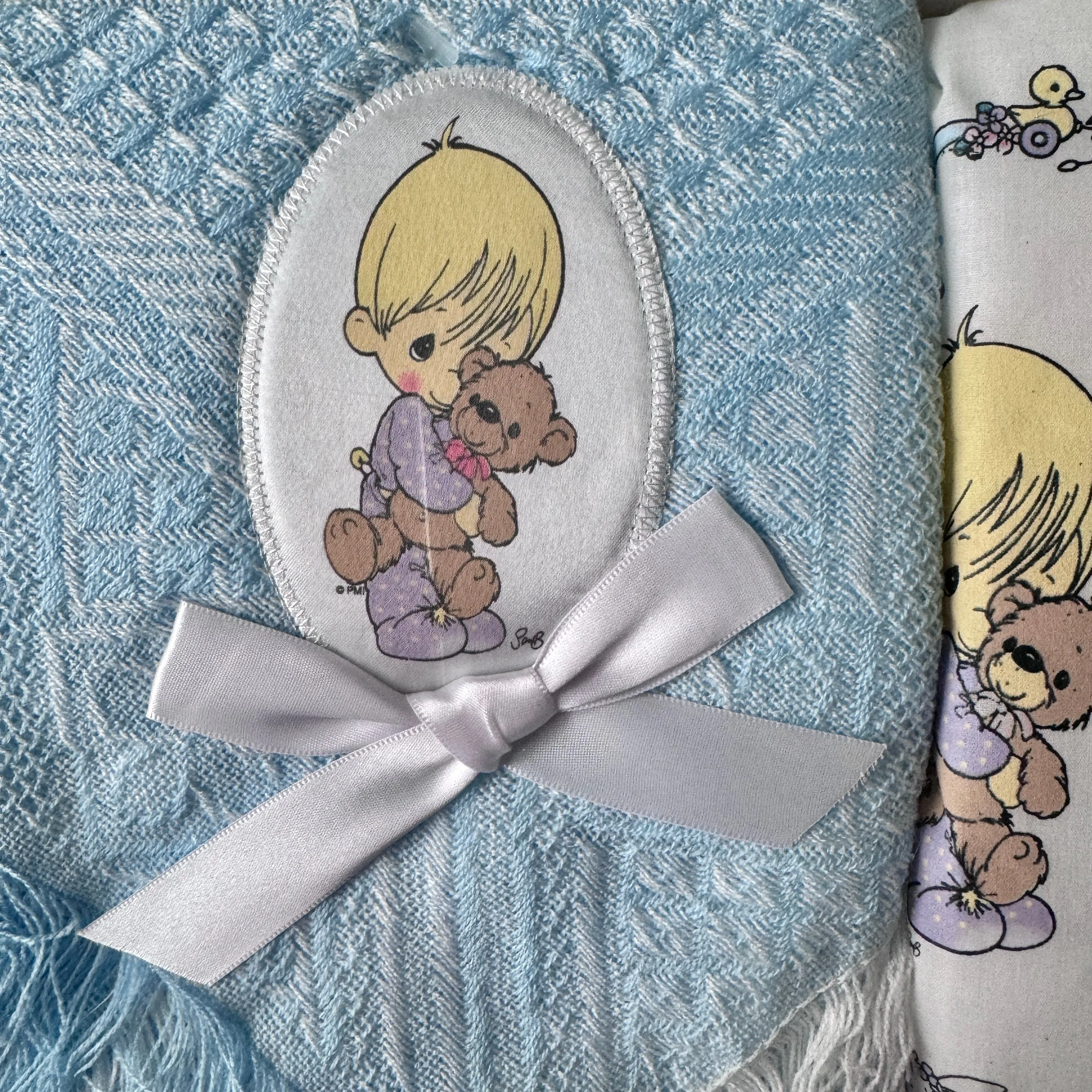 New Vintage Precious Moments Blue Baby Blanket with Boy & Bear 3-Piece Boxed Baby Shower Gift Set - Shawl, Keepsake Pillow, Baby Bottle - 2002 by Luv n'Care