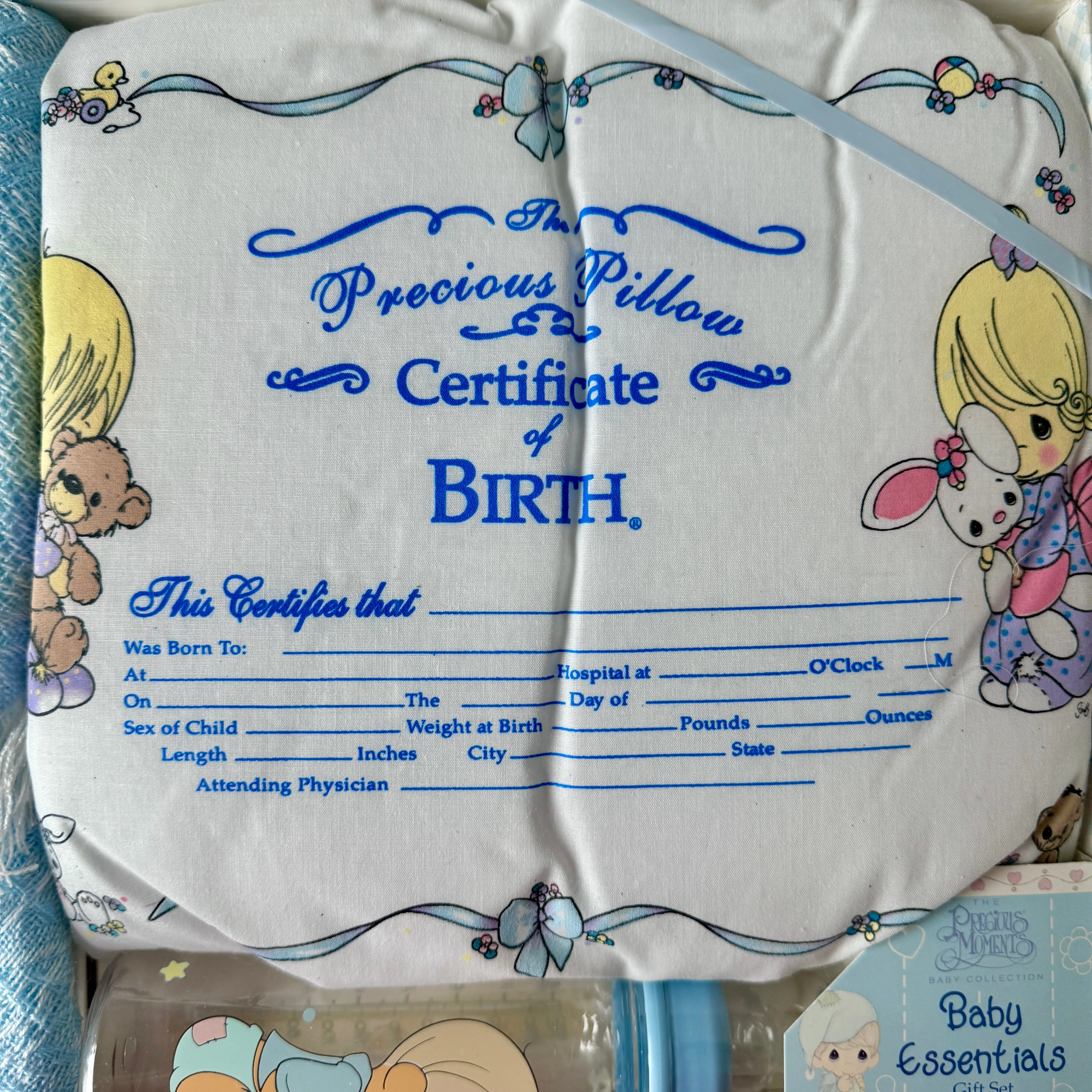 New Vintage Precious Moments Blue Baby Blanket with Boy & Bear 3-Piece Boxed Baby Shower Gift Set - Shawl, Keepsake Pillow, Baby Bottle - 2002 by Luv n'Care