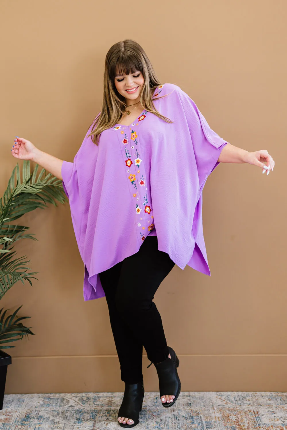 ODDI Wanderer Full Size Run Embroidered Poncho Top